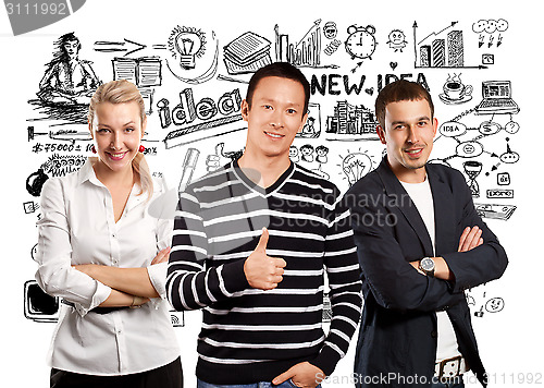 Image of Teamwork and Asian Man In Striped Pullover