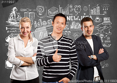 Image of Teamwork and Asian Man In Striped Pullover