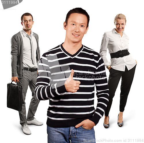 Image of Teamwork and Asian Man In Striped Pullover