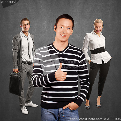 Image of Teamwork and Asian Man In Striped Pullover