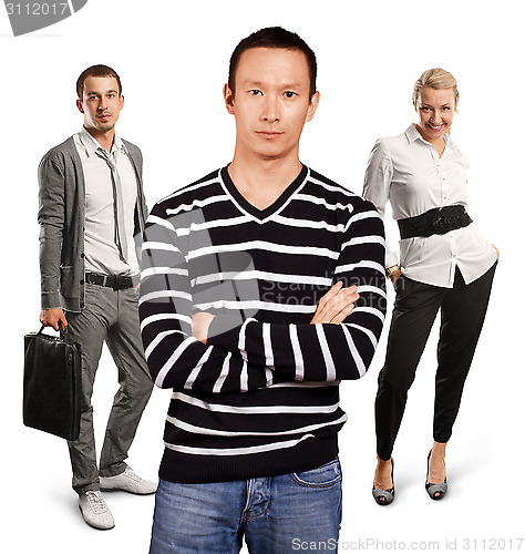 Image of Teamwork and Asian Man In Striped Pullover