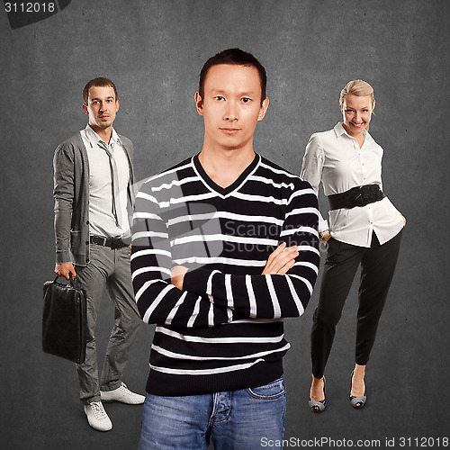 Image of Teamwork and Asian Man In Striped Pullover