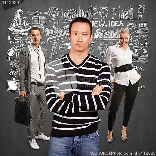 Image of Teamwork and Asian Man In Striped Pullover