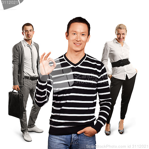 Image of Teamwork and Asian Man In Striped Pullover
