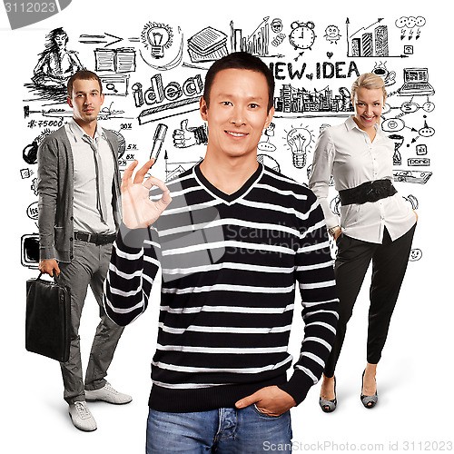 Image of Teamwork and Asian Man In Striped Pullover