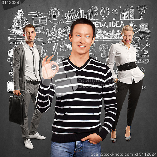 Image of Teamwork and Asian Man In Striped Pullover