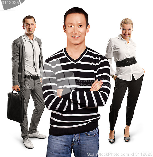 Image of Teamwork and Asian Man In Striped Pullover