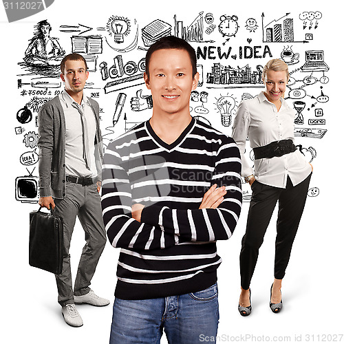 Image of Teamwork and Asian Man In Striped Pullover