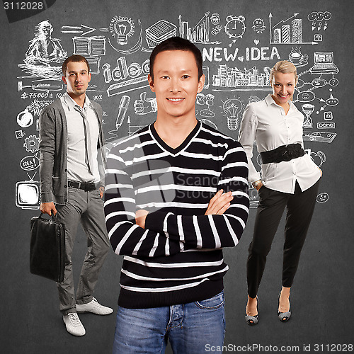 Image of Teamwork and Asian Man In Striped Pullover