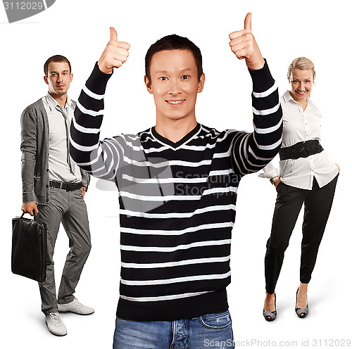 Image of Teamwork and Asian Man In Striped Pullover