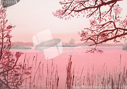 Image of Original oil painting showing beautiful lake