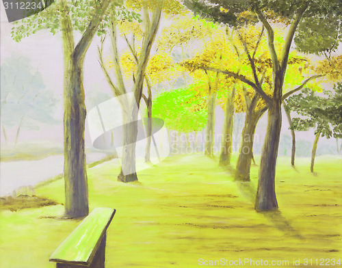 Image of Painting showing beautiful sunny autumn day in a park