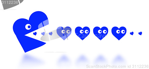 Image of Concept of dating - big Pacman heart hunting small hearts