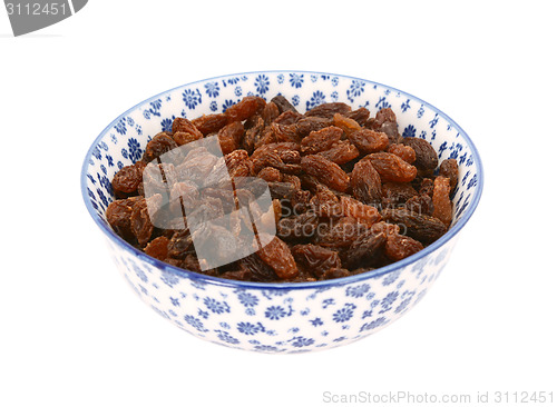 Image of Sultanas in a blue and white china bowl