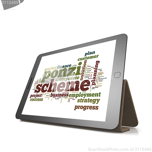 Image of Ponzi scheme word cloud on tablet