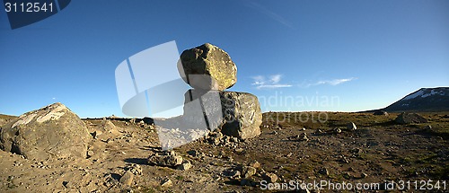 Image of Big boulders on mountain plateau panoramic photo, Valdresflye, Jotunheimen, Norway