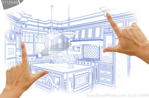 Image of Hands Framing Blue Custom Kitchen Design Drawing