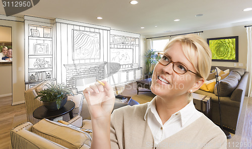 Image of Woman with Pencil Over Custom Room and Design Drawing