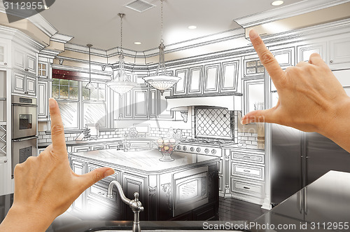 Image of Hands Framing Custom Kitchen Design Drawing and Photo Combinatio