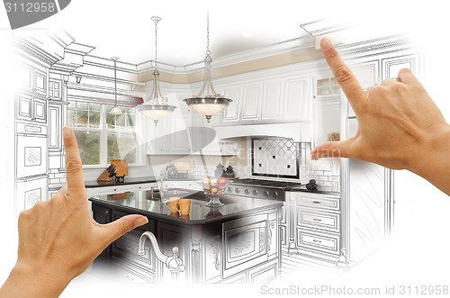 Image of Hands Framing Custom Kitchen Design Drawing and Photo Combinatio
