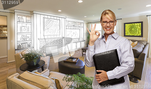 Image of Woman with Okay Sign Over Custom Room and Design Drawing