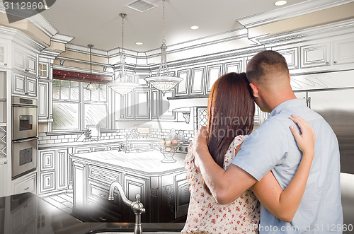 Image of Young Military Couple Inside Custom Kitchen and Design Drawing C