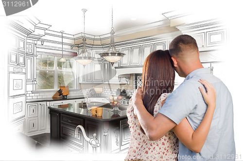 Image of Young Military Couple Inside Custom Kitchen and Design Drawing C