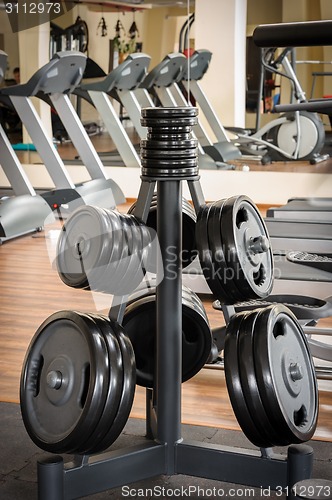 Image of Barbell plates rack in the gym