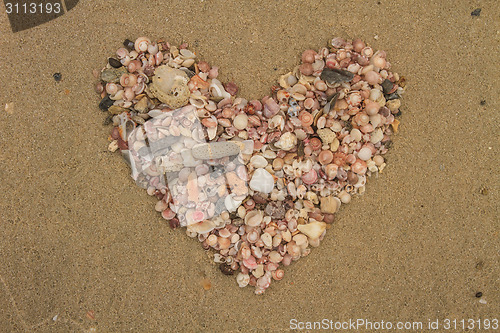 Image of Heart made of sea shells lying on a beach sand