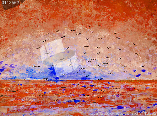 Image of Sunset at the sea, birds in the sky