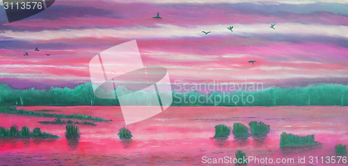 Image of Sunset at the lake, birds in the sky