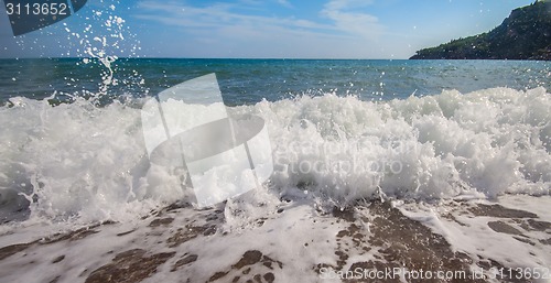 Image of beach waves sea surf foamy nearby