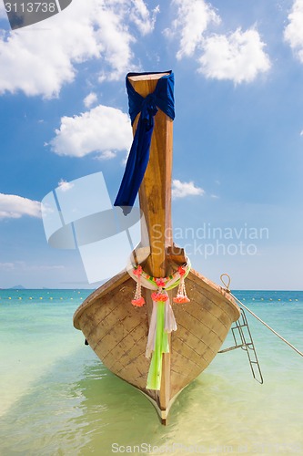 Image of Wooden boad in Maya bay, Thailand.