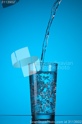 Image of water pouring into glass on blue
