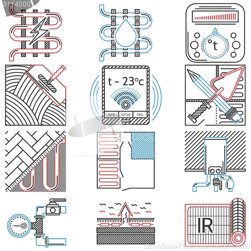 Image of Flat line colored vector icons for heated floor