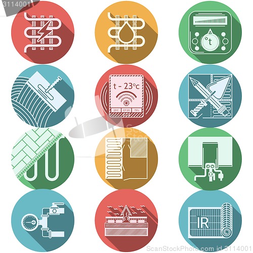 Image of Flat round colored vector icons for heated floor