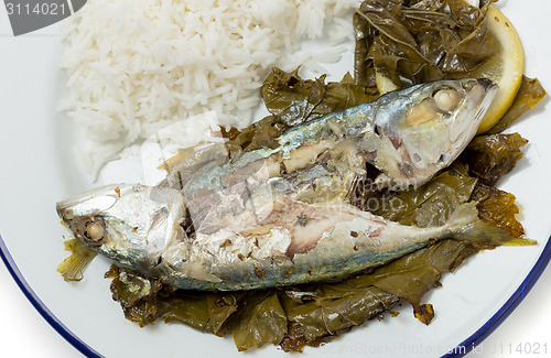 Image of Fish baked in vine leaves from above