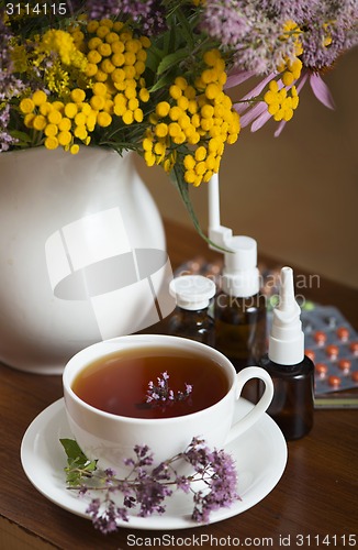 Image of medicinal herbs, honey, herbal tea