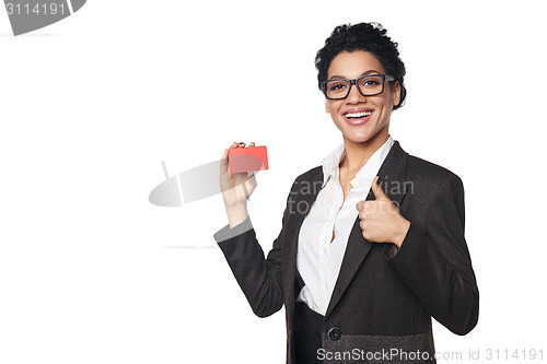 Image of Business woman showing blank credit card