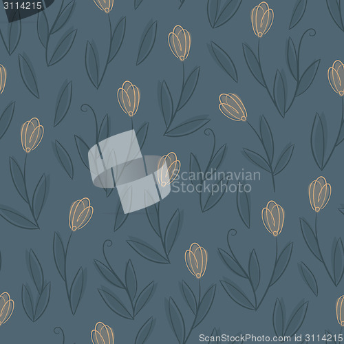 Image of Floral blue seamless pattern with yellow tulips
