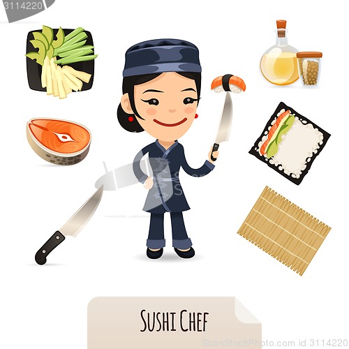 Image of Female Sushi Chef Icons Set