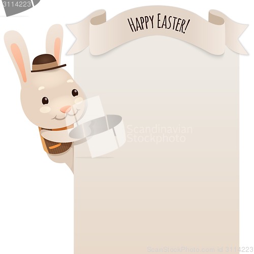 Image of Happy Easter Bunny Looking at Blank Poster