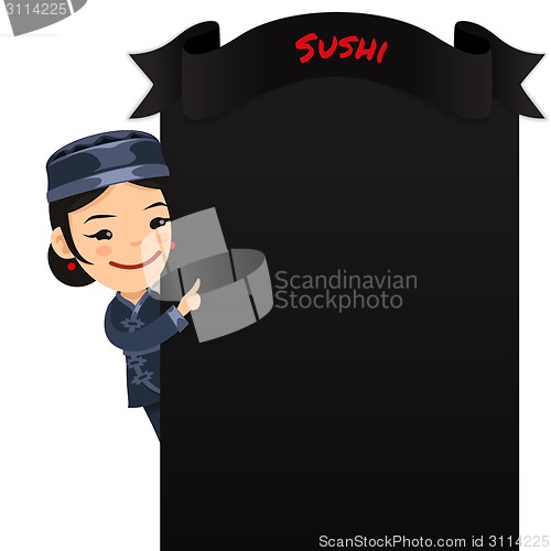 Image of Asian Female Chef Looking at Blank Menu