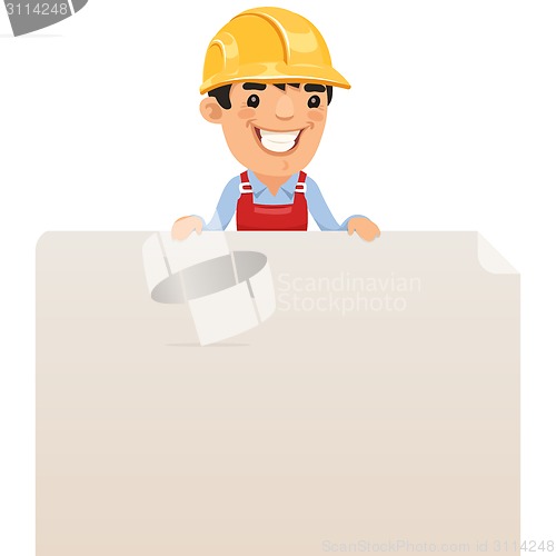 Image of Builder looking at blank poster on top