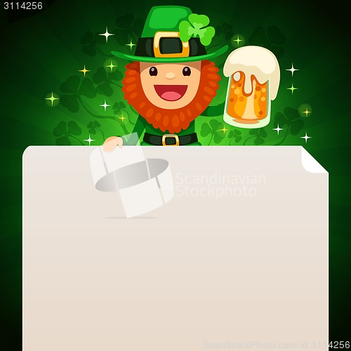 Image of Leprechaun looking at blank poster on top on green background