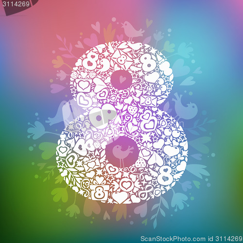 Image of March 8 white objects on a multicolor background