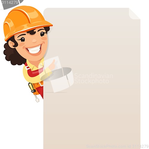 Image of Female Builder Looking at Blank Poster