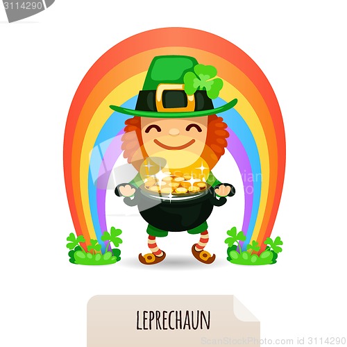 Image of Lucky Leprechaun with coins in front of a rainbow