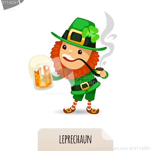 Image of Leprechaun with beer smokes a pipe