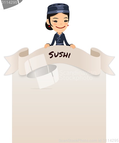 Image of Asian Female Chef Looking at Blank Menu on Top